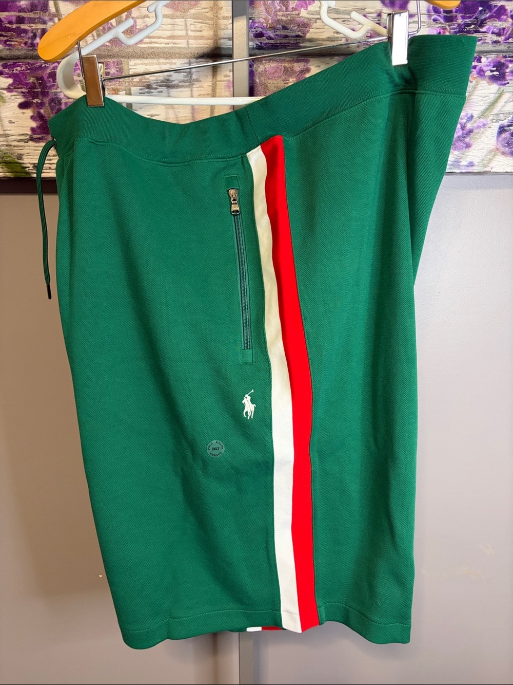 Polo Ralph Lauren Green Athletic Shorts with White and Red Side Stripes NWT